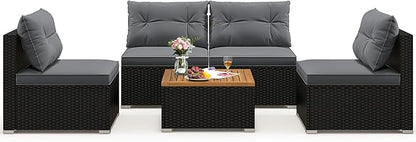 Tangkula 5 Piece Rattan Sofa Set, Outdoor Wicker Furniture Set w/Seat & Back Cushions, Square Coffee Table, Patio Sofa Set for Backyard, Poolside (Grey)