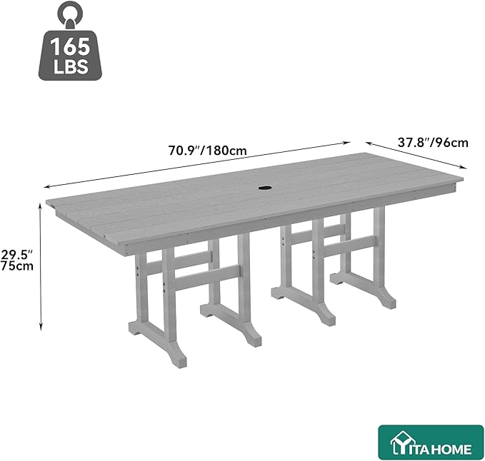 YITAHOME HDPE Patio Dining Table for 6, 71" Outdoor Dining Table w/Max Bearing 165 LBS, All Weather Rectangular Patio Table w/1.57" Umbrella Hole for Backyard Garden Lawn, Gray