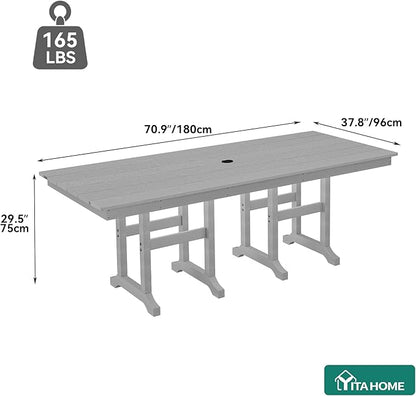 YITAHOME HDPE Patio Dining Table for 6, 71" Outdoor Dining Table w/Max Bearing 165 LBS, All Weather Rectangular Patio Table w/1.57" Umbrella Hole for Backyard Garden Lawn, Gray