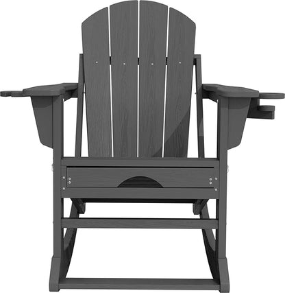 KINGYES Adirondack Rocking Chair with Retractable Ottoman and Cup Holders, HDPE Adirondack Rocker Patio Rocking Chair for Porch, Patio, Balcony, Leaden Grey