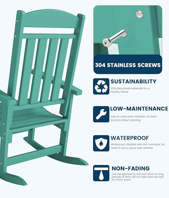 FOOWIN Outdoor Rocking Chair Set of 2, High Back Patio Rocking Chair, HDPE All Weather Resistant Porch Rocker for Adult, Oversized Rocking Chairs for Garden, Lawn, Indoor & Outdoor Use, Lake Blue