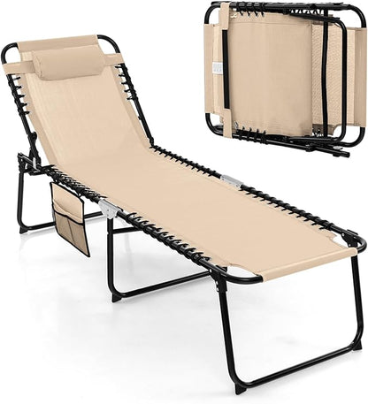 Tangkula Beach Lounge Chair for Outside, Folding Chaise Lounge Outdoor with 4-Position Backrest, Removable Headrest and Side Pocket, Portable Sunbathing Tanning Chair for Patio, Poolside (1, Beige)