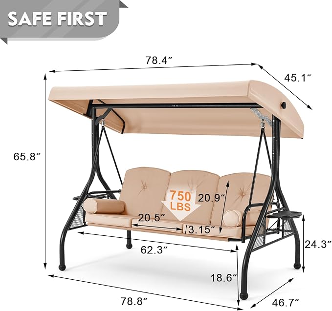 HOMREST 3 Seat Outdoor Porch Swing with Adjustable Canopy, Convertible Patio Swing Bed with Stand - Photo 6