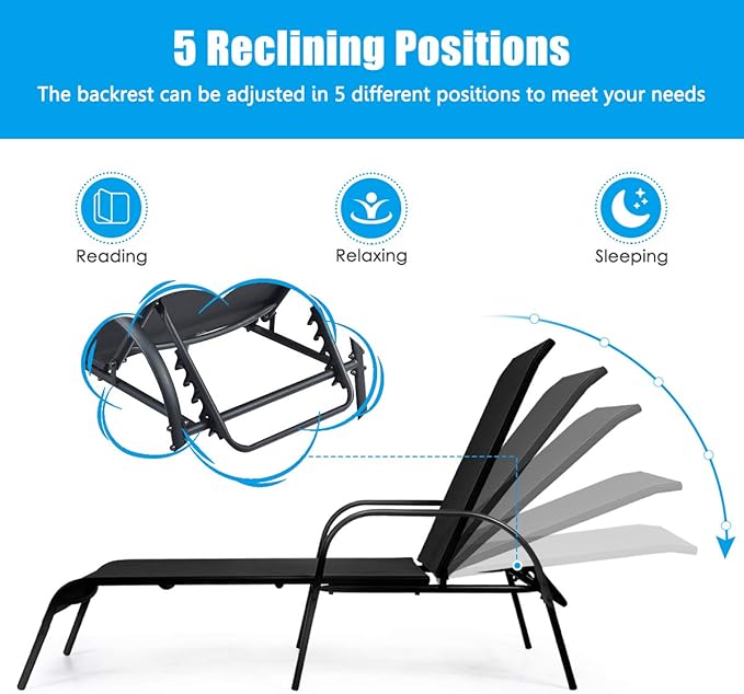 Giantex 2 Pcs Chaise Lounge Chair, Adjustable Reclining Lounge Chairs Patio Furniture, Backyard Lawn Sling Chaise w/Adjustable Back, Folding Recliners for Outdoor Beach Yard Pool (Black)