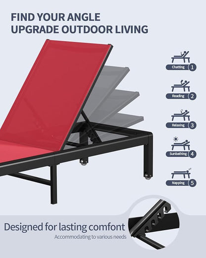 Aluminum Lounge Chairs Outdoor Chaise Furniture,2 Sets Patio Metal Deck Lounger Adjustable 5-Position Poolside Chase Recliner with Wheels for Beach,Coffee Table, (Red, 2 Chair＋Table)