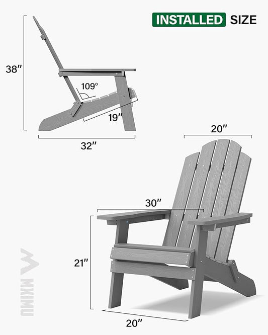 MXIMU Folding Adirondack Chair for Outdoor: Easy to Assemble and Comfortable Adirondack Chairs Set of 6 - All Weather Composite Plastic Chair for Outside Fire Pit Patio Lawn Garden Backyard Use(Grey)