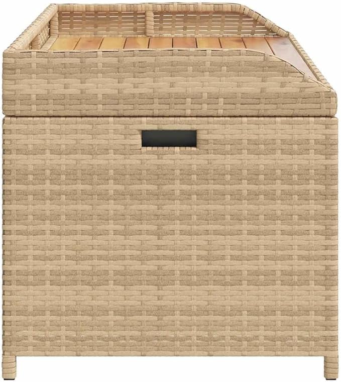 Outdoor Storage Bench 39.4 in Mixed Beige & Brown All-Weather Poly Rattan & Acacia Wood Seating for Garden Patio Balcony Entryway