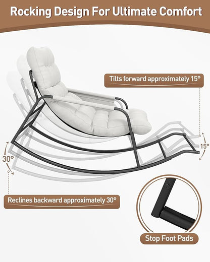 Oversized Indoor Rocking Chair, Plush Papasan Chair with Comfy Padded Cushions & Side Pocket, for Patio Garden, Porch, Lounge, Outdoor, Beige