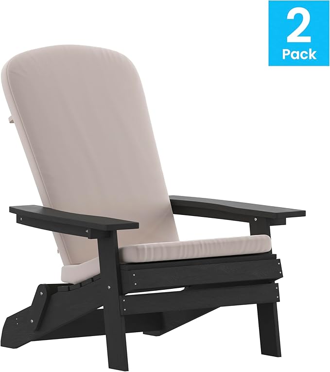 Flash Furniture Charlestown Folding Adirondack Chairs Poly Resin Frame-All-Weather Cushions-Indoor/Outdoor Use, Set of 2, Black/Cream