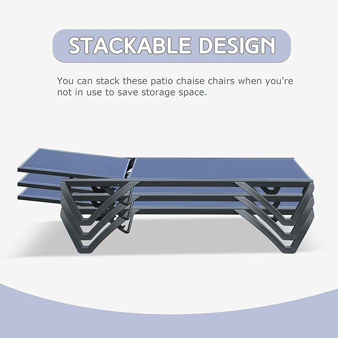 Domi Pool Lounge Chair Set of 3, Aluminum Outdoor Chaise Lounge with Side Table,5 Position Adjustable Backrest and Wheels, Outdoor Lounge Chairs for Pool, Garden, Beach, Backyar, Navy Blue