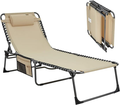 KingCamp Oversized Lounge Chair, Folding Portable Tanning Chairs Comfy Adjustable 5-Position Foldable Chaise Chaser Lounger with Pillow for Outdoor Beach Patio Sun Bathing Pool Backyard, Khaki