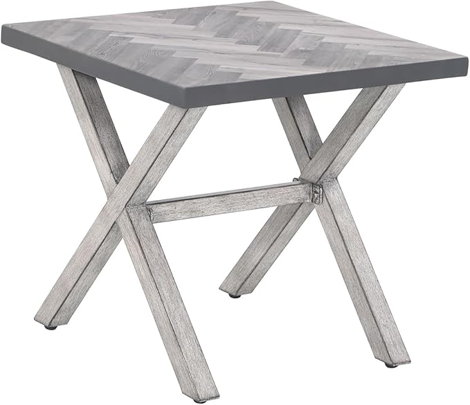 Aluminum Outdoor Side Table, Anti-Rust Outside Patio Side Table with Resin Tabletop, Modern Weather Resistant Square Patio End Table for Yard, Garden, Poolside, White Oak