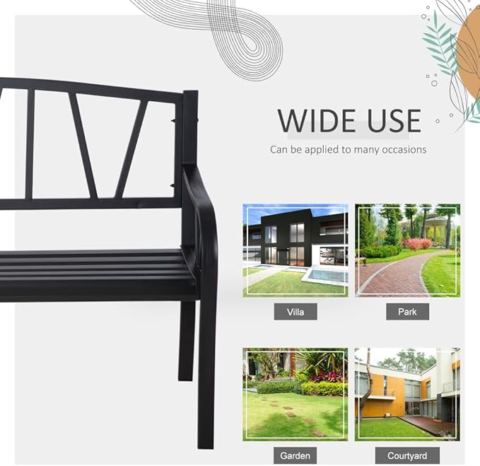 Metal Garden Bench for Outdoor Patios and Lawns, 50 Inch Park-Style Seating with Slatted Backrest and Smooth Armrests
