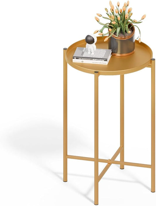 VINGLI Round Metal Side Table with Removable Tray, Outdoor Patio Coffee Table, Waterproof End Table for Small Spaces, Outdoor Patio, Living Room, Bedroom, Balcony (X-Brace & Non-Slip Pads) (1, Gold)