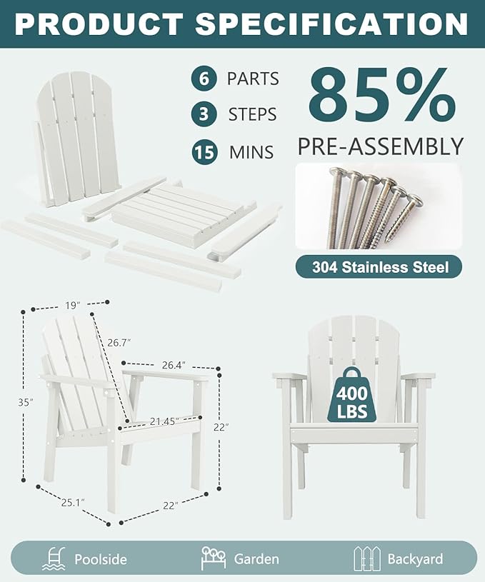 Adirondack Chair Set of 8, All Weather HDPE Fire Pit Chairs, Oversized Plastic Adirondack Chair for Outdoor, Balcony, Deck, Backyard, Patio, Garden, Poolside, Lawn White