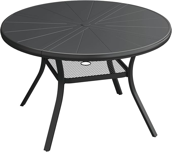 Outdoor Patio Round Dining Table for 4, 40.7" x 40.7" Sleek Aluminum Dining Table with Umbrella Hole for Backyard Garden Lawn Deck, Black