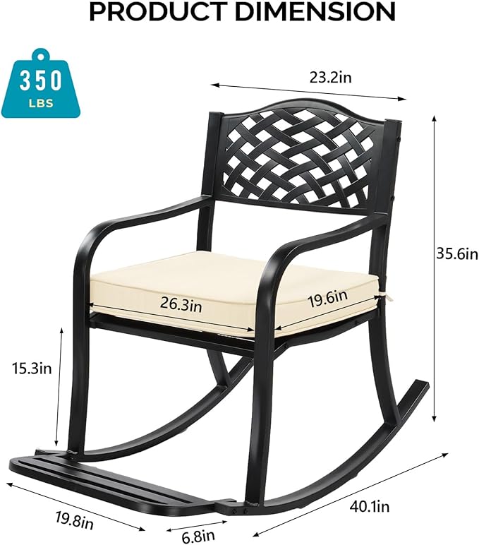 Rocking Chair with Footrest, Outdoor Rocking Bench, Thick Cushion, Reading Accent Chairs Leisure Rocker Armchair for Front Porch, Garden, Backyard, Supports Up to 350 lbs (Black)