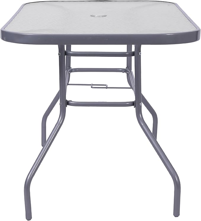 Flash Furniture Tory Rectangle Patio Table with Umbrella Hole, Commercial All-Weather Table with Heat Resistant Tempered Glass, Steel Tube Frame, 27.5x47.25, Silver