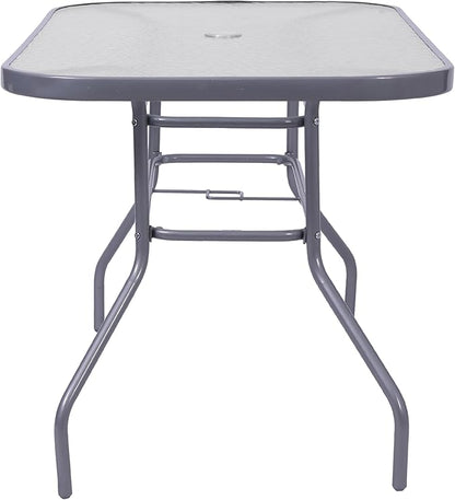 Flash Furniture Tory Rectangle Patio Table with Umbrella Hole, Commercial All-Weather Table with Heat Resistant Tempered Glass, Steel Tube Frame, 27.5x47.25, Silver