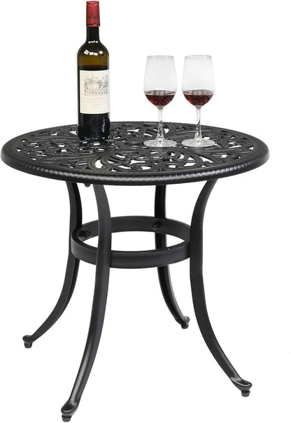 Cast Aluminum Round Table with 2 inch Umbrella Hole, Outdoor Patio End Side Table, Cocktail Coffee Bistro Table Weather Resistance, Adjustable Foot Pads for Garden, Porch, Balcony Black
