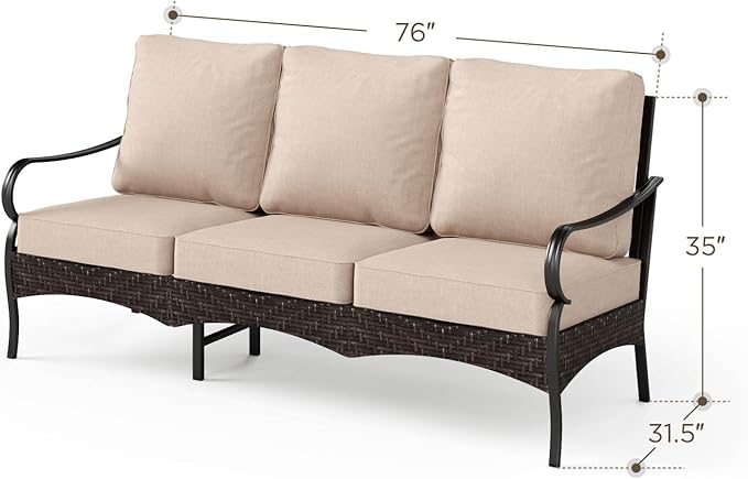 PHI VILLA Wicker & Metal Outdoor Patio Couch, 3-Seat Patio Sofa with Deep Seating for Front Porch, Deck, Balcony - Photo 2