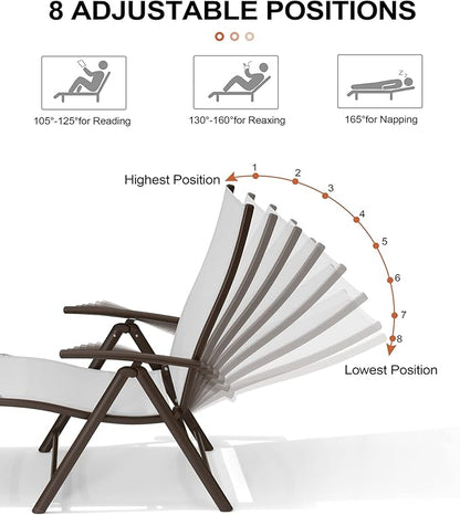 Crestlive Products Chaise Lounge Chair Outdoor Set of 2, Aluminum Folding Patio Recliner Chair, Adjustable 8 Positions Assemble-Free Perfect for Beach, Yard, Pool, Deck