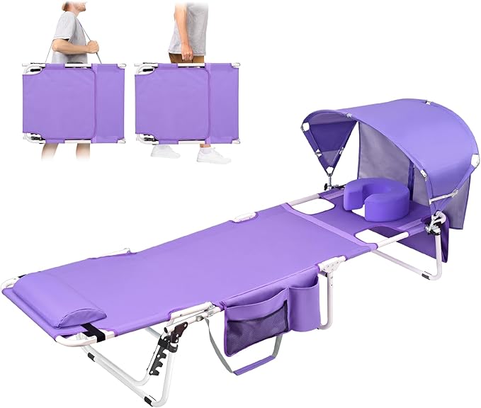 Tanning Chair with Sun Canopy Face Hole Softer Padded Adjustable Washable, Heavy Duty Layout Folding Lounge Chair for Adults Outside Beach Reading Sunbathing Poolside Lawn, UPF 50+ Sun Shade, 300 LBS