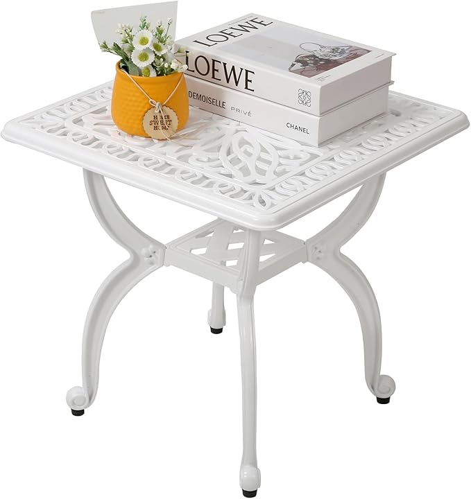 KAILI Outdoor Cast Aluminum Side Table Patio Side Table Backyard, Pool, Indoor, Easy Maintenance and Weather Resistant Coffee Table Porch Table Bistro Table (18.5square-White)