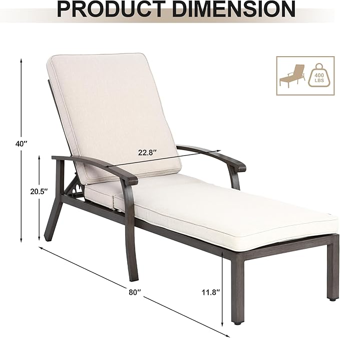 Chaise Lounge Chair Outdoor with Wheels, Cast Aluminum Tanning Chair with Beige Cushion - Photo 2