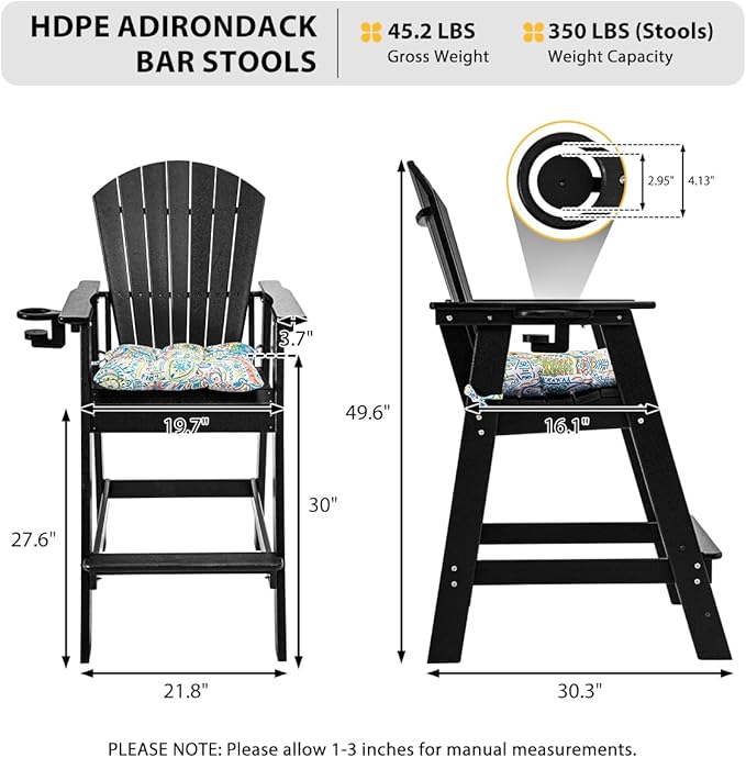 Sundale Outdoor Tall Adirondack Chairs, 30 Inch Seat Height Patio Adirondack Bar Stool, HDPE Pub Chair with Backrest - Photo 3