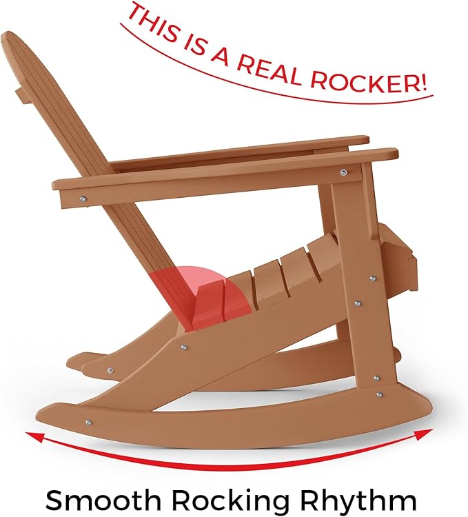 Costaelm Outdoor Adirondack Chair Set of 2, All Weather Resistant Classic Balcony Chair and Fire Pit Chairs, Adirondack Plastic Outdoor Porch Furniture Rocking Chair High Back HDPE Poly Lumber, Teak