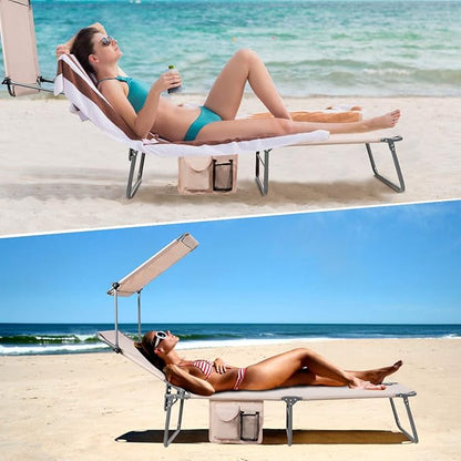 Giantex Tanning Chair, Patio Chaise Lounge Chair with 5 Adjustable Position, Shade Canopy, Storage Pocket, Camping Cot, Outdoor Sunbathing Recliner for Poolside, Lawn Folding Beach Chairs(1, Beige)