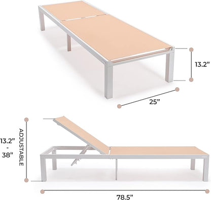 LeisureMod Marlin Aluminum Outdoor Chaise Lounge Chair - Mesh Sling Fabric Seat White Aluminum Frame Beach, Pool Lounge Chair for Modern Patio Lawn, Garden and Backyard (Light Brown)