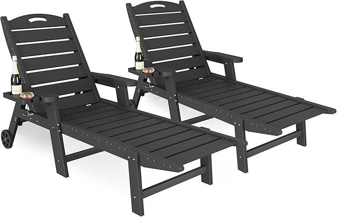UDPATIO Outdoor Chaise Lounge Chair, HDPE Patio Lounge Chairs for Outside with Wheels & Cup Holder, Reclining Seating with 5 Position for Poolside Deck Garden Indoor,Black,2PCS