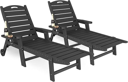 UDPATIO Outdoor Chaise Lounge Chair, HDPE Patio Lounge Chairs for Outside with Wheels & Cup Holder, Reclining Seating with 5 Position for Poolside Deck Garden Indoor,Black,2PCS