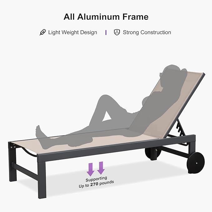 PURPLE LEAF Patio Chaise Lounge Set for 4 Outdoor Pool Lounge Chairs with Adjustable Backrest and Side Tables Aluminum - Photo 6