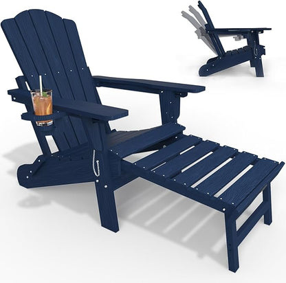 Adjustable Adirondack Chairs with Retractable Ottoman, HDEP Folding Adirondack Chair with Footrest & Cup Holder, All Weather Fire Pit Chair for Outdoor,Navy Blue