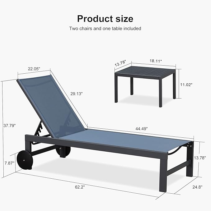 PURPLE LEAF Patio Chaise Lounge Set for 4 Outdoor Pool Lounge Chairs with Adjustable Backrest and Side Tables Aluminum - Photo 3
