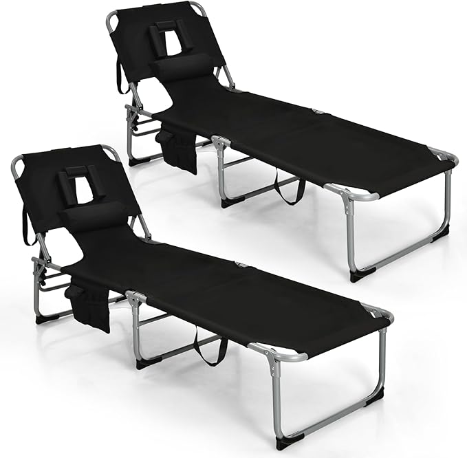 COSTWAY Folding Beach Lounge Chair, Tanning Chair with Face Hole, 5-Position Adjustable Backrest, Pillow & Side Pocket, Foldable Chaise Lounge Chair Outdoor for Sunbathing, Camping (2, Black)