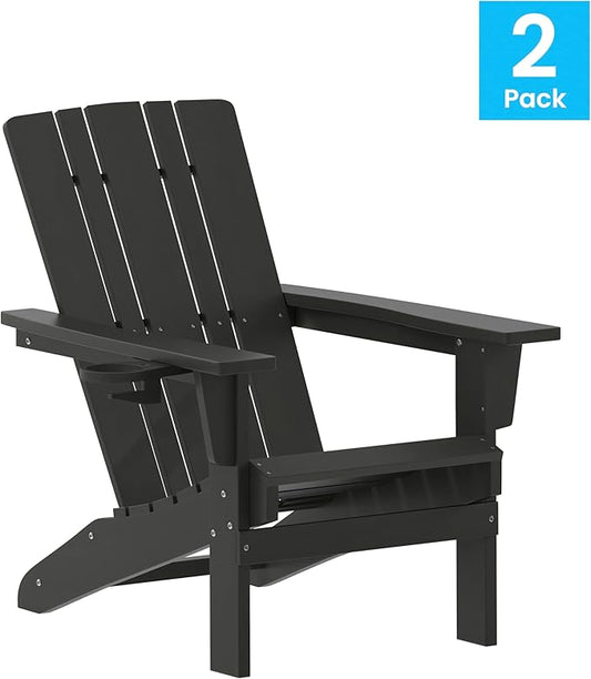 Flash Furniture Halifax Adirondack Chairs with Cup Holders, Weather Resistant Poly Resin Adirondack Chairs, Set of 2, Black