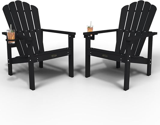 Stackable Adirondack Chair Set of 2, HDPE All-Weather Adirondack Chairs - Durable and Space Saving, Plastic Outdoor Fire Pit Chairs with Cup Holder,Black