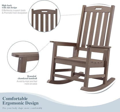 Psilvam Oversized Outdoor Rocking Chair, with 21" Wide Seat and 32" Tall Backrest, Pre-Assembled with Most Components for Effortless Installation (Brown)