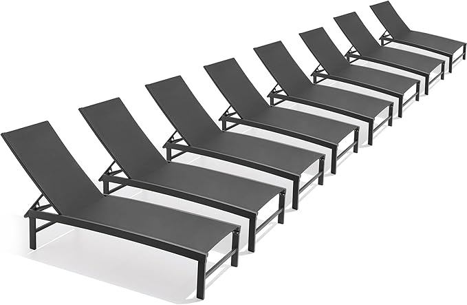 Chaise Lounge Chair, Set of 8 Outdoor Recliner Lounge Chair Sun Loungers, All Weather Chaise with 5 Adjustable Backrest and Lay Flat Positions for Garden, Balcony, Pool, Black