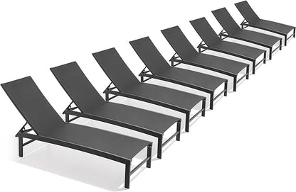 Chaise Lounge Chair, Set of 8 Outdoor Recliner Lounge Chair Sun Loungers, All Weather Chaise with 5 Adjustable Backrest and Lay Flat Positions for Garden, Balcony, Pool, Black