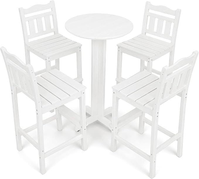 5-Piece Outdoor Bar Set, HDPE Adirondack Bar Height Chairs Set of 4 and Round Pub Table, All Weather Outdoor Patio Bar Furniture for Bistro, Deck, Balcony, Poolside(White)