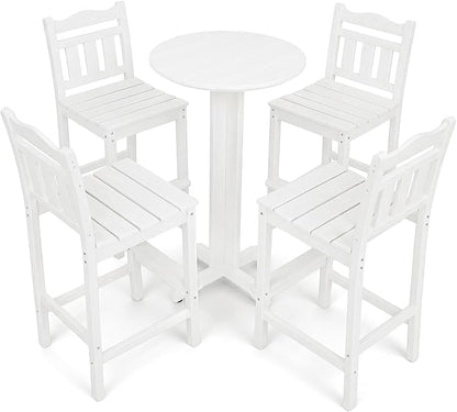 5-Piece Outdoor Bar Set, HDPE Adirondack Bar Height Chairs Set of 4 and Round Pub Table, All Weather Outdoor Patio Bar Furniture for Bistro, Deck, Balcony, Poolside(White)