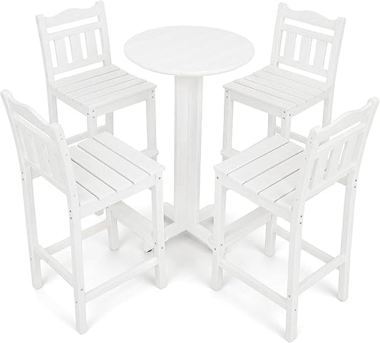 5-Piece Outdoor Bar Set, HDPE Adirondack Bar Height Chairs Set of 4 and Round Pub Table, All Weather Outdoor Patio Bar Furniture for Bistro, Deck, Balcony, Poolside(White)