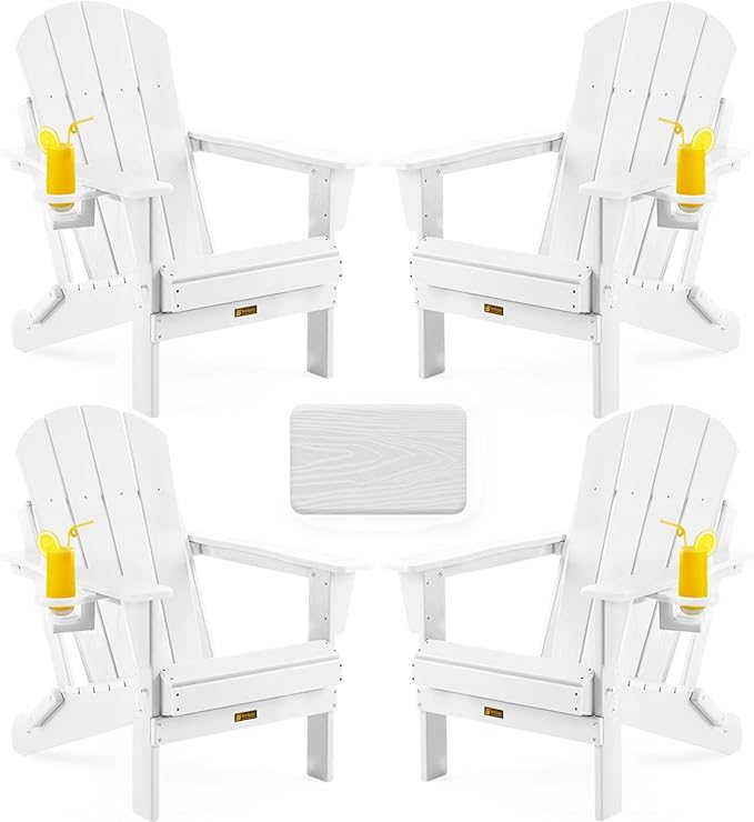Folding Adirondack Chair, Patio Chair Wood Texture, Outdoor Chair Weather Resistant, Fire Pit Chair with Cup Holder, Composite Adirondack Chair Set of 4(White)