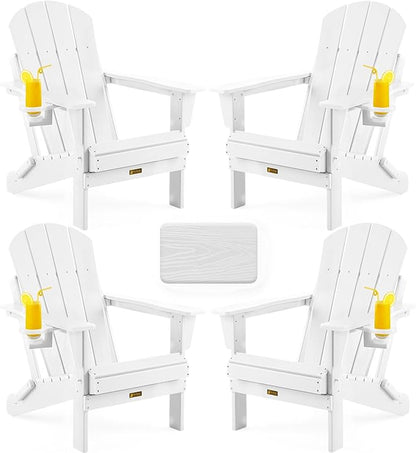 Folding Adirondack Chair, Patio Chair Wood Texture, Outdoor Chair Weather Resistant, Fire Pit Chair with Cup Holder, Composite Adirondack Chair Set of 4(White)