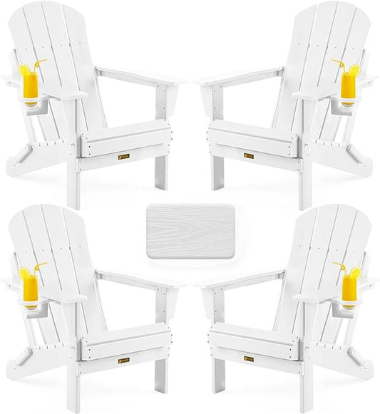 Folding Adirondack Chair, Patio Chair Wood Texture, Outdoor Chair Weather Resistant, Fire Pit Chair with Cup Holder, Composite Adirondack Chair Set of 4(White)